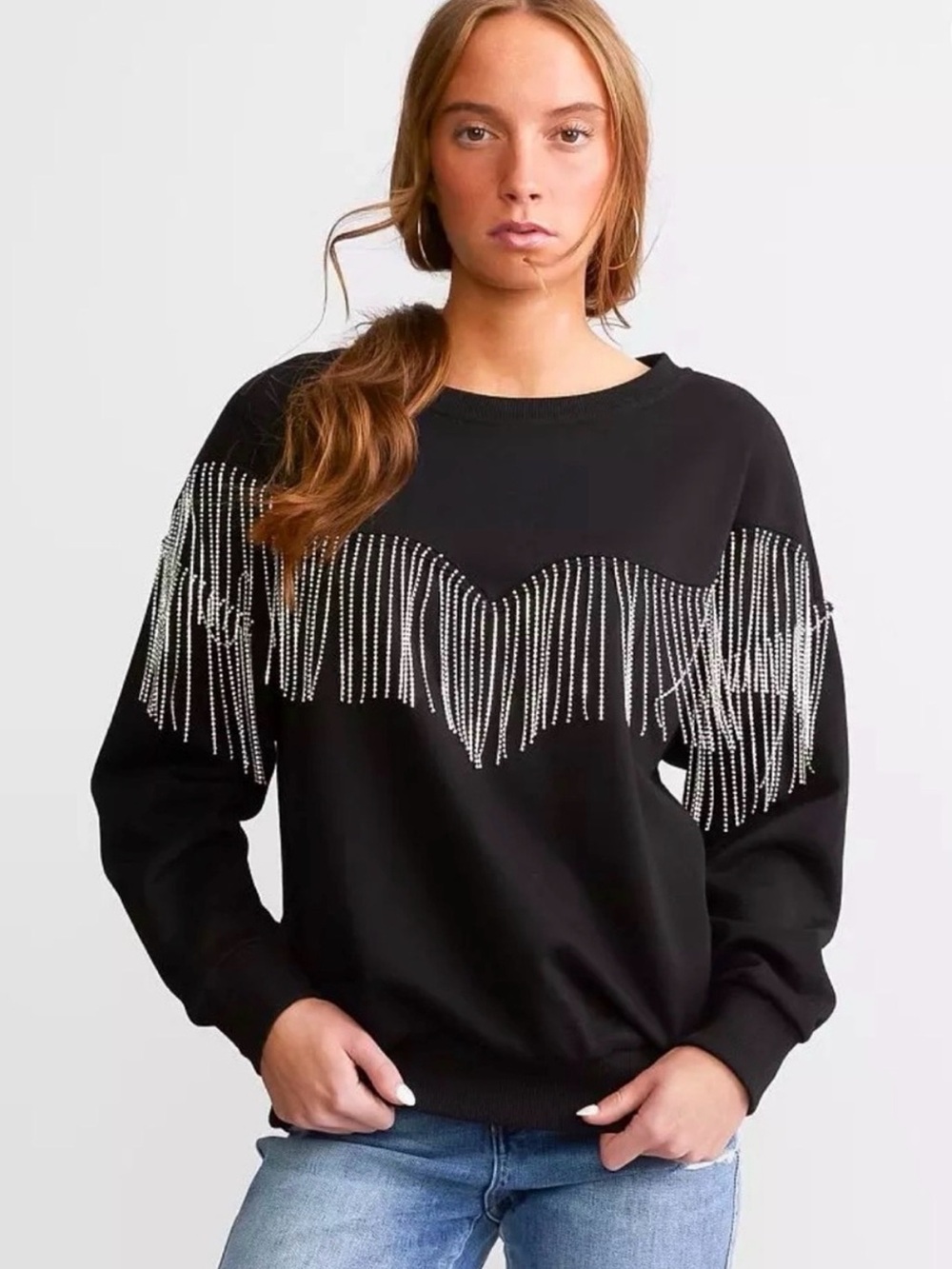 Blue b collection fun oversized Black Rhinestone Fringe Sweatshirt